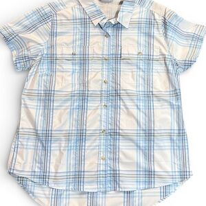 NWT women’s Large Eddie Bauer Light Blue Plaid Casual Shirt
